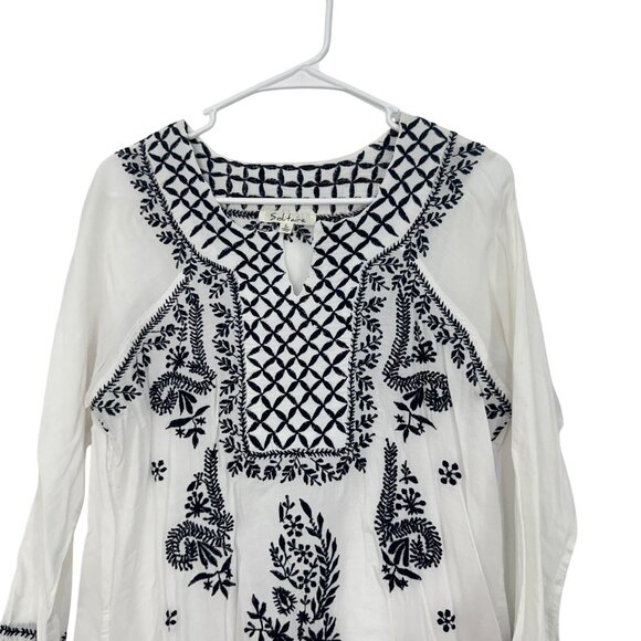 Solitaire White & Black Embroidered Cotton Semi Sheer Tunic Top Women Size L - Picture 7 of 9